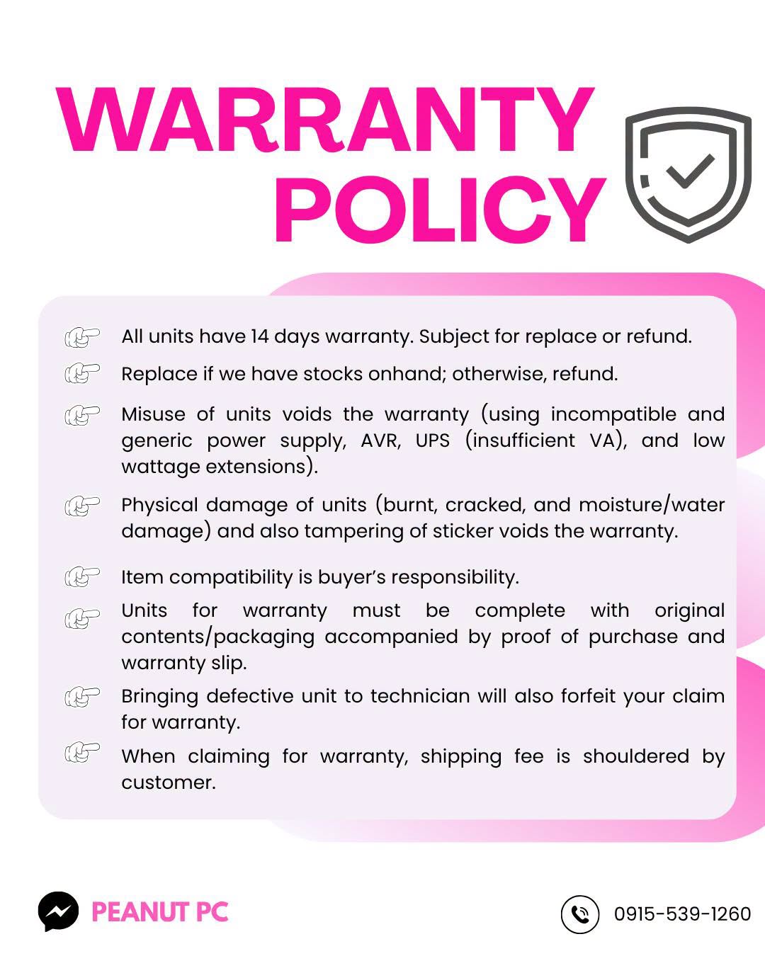 Shop warranty policy — original Peanut PC infographic. A readable text version is provided on this page.