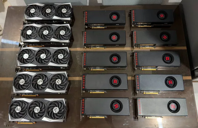 Radeon and other graphics cards in a shop stock photograph