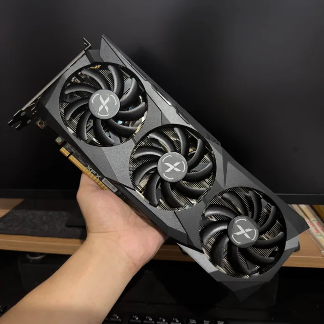 XFX triple-fan graphics card, front view